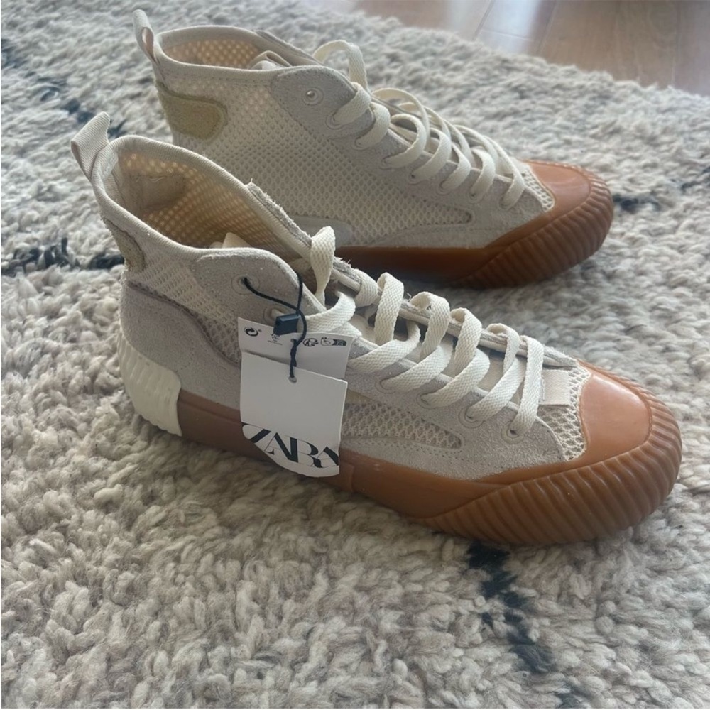 Zara Cream and Brown High-Top Sneakers